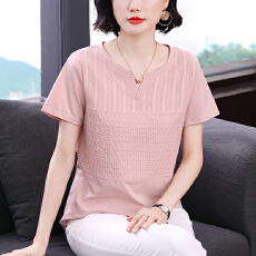 批发2026新款小v领短袖t恤大码纯棉女士上衣<b class='q'>妈妈装</b>休闲拼接绣花纯色