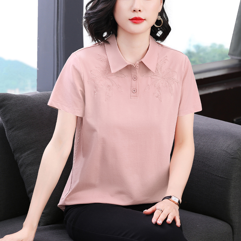 2026 년 반팔 티셔츠 여성 새로운 POLO 셔츠 중년 엄마 맨위 순면 자수 폴로 칼라 반팔 작은 셔츠