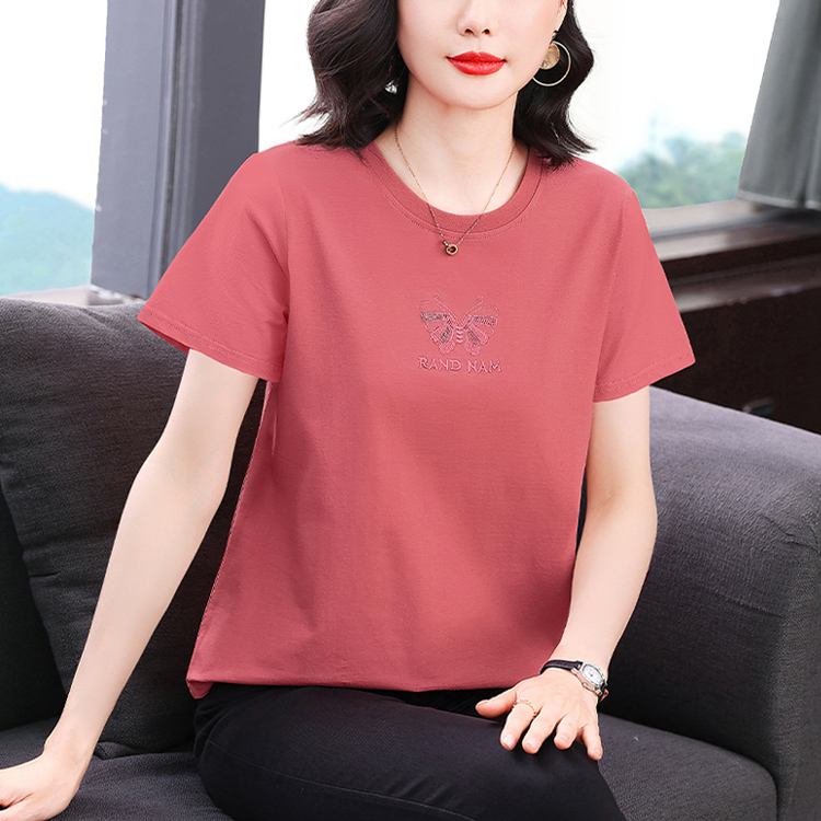 단색 반팔 티셔츠 여성 자수 스팽글 빅 사이즈 여성 의류 캐주얼 2026 새로운 외국 가스 라운드 넥 루즈핏 맨위