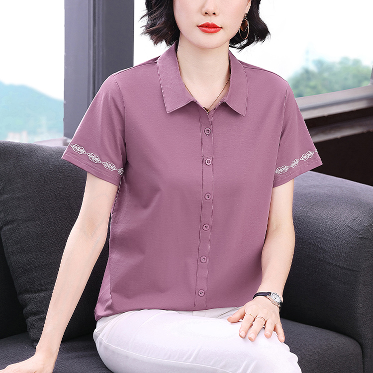 MY17718# 刺绣翻领新款中年妈妈简约休闲大码宽松t恤女短袖棉上衣女裝貨源服裝批發