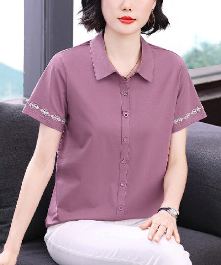 2026 년 자수 폴로 칼라 새로운 중년 엄마 미니멀리즘 캐주얼 빅 사이즈 루즈핏 티셔츠 여성용 짧은 소매 면 맨위