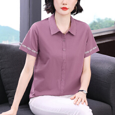 批发2026年刺绣翻领新款中年<b class='q'>妈妈</b>简约休闲大码宽松<b class='q'>t</b><b class='q'>恤</b>女短袖棉上衣