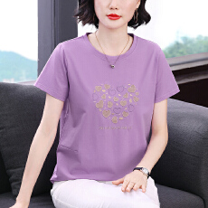 批发刺绣爱心短袖上衣女夏2026年新款夏装中年<b class='q'>妈妈</b>装宽松拼接短袖<b class='q'>T</b><b class='q'>恤</b>