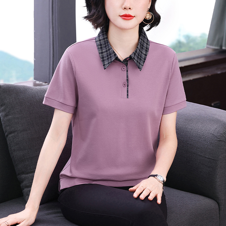 MY17715# 新款宽松短袖T恤女纯棉短袖上衣妈妈装假两件翻领休闲上衣女裝貨源服裝批發