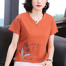 批发2026年夏季新款套头V领休闲宽松大码<b class='q'>妈妈装</b>纯色刺绣棉短袖<b class='q'>时尚</b>