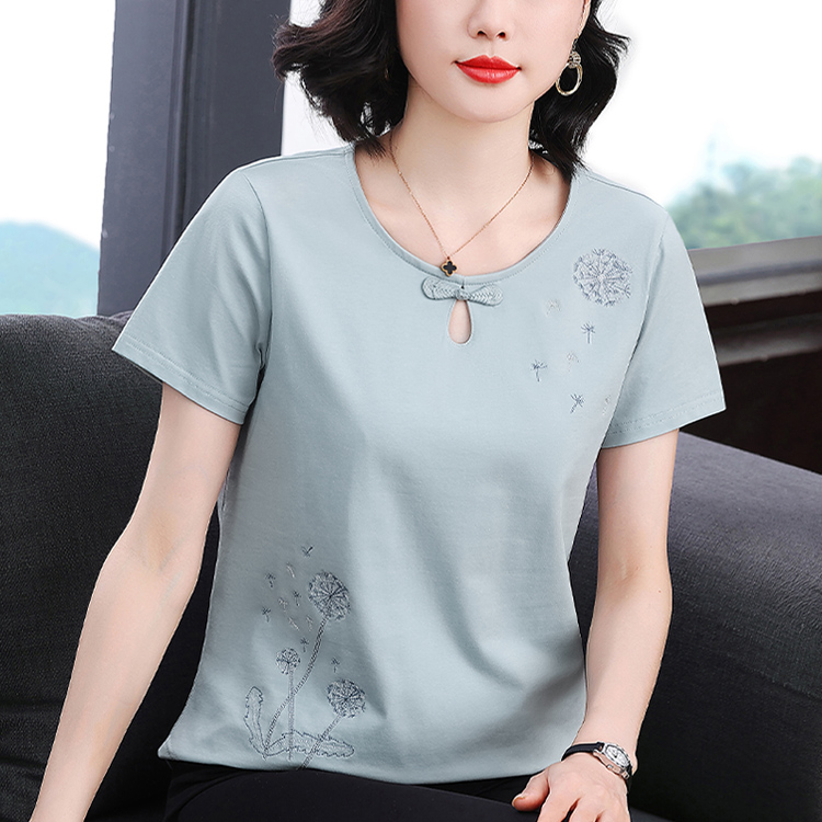 MY17713# 新款套头圆领新中式大码妈妈装纯色刺绣棉短袖时尚女裝貨源服裝批發