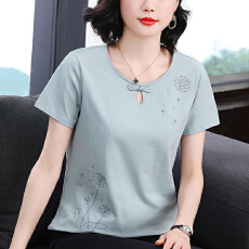批发2026年夏季新款套头圆领新中式大码<b class='q'>妈妈装</b>纯色刺绣棉短袖<b class='q'>时尚</b>