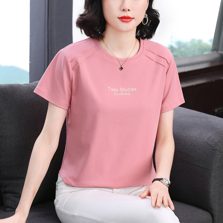MY17712# 纯色短袖t恤女字母印花大码女装休闲洋气圆领拼接上衣女裝貨源服裝批發