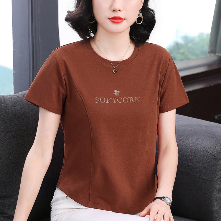 MY17711# 新款妈妈装T恤圆领烫钻短袖时尚洋气大码宽松显瘦上衣女裝貨源服裝批發