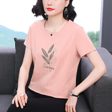 批发纯色短袖T恤女士字母刺绣2026年新款<b class='q'>时尚</b>宽松显瘦<b class='q'>妈妈装</b>纯棉上衣
