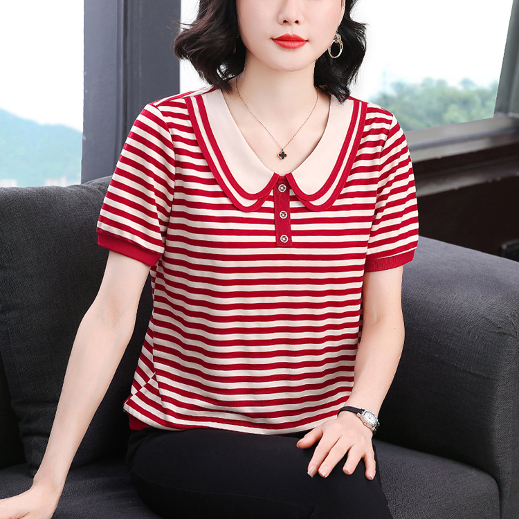 MY17707# 妈妈装宽松短袖T恤新款娃娃领大码女装条纹撞色上衣女裝貨源服裝批發