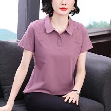 批发夏季新款<b class='q'>妈妈装</b>短袖女T恤纯色翻领刺绣设计宽松显瘦拼接上衣女装