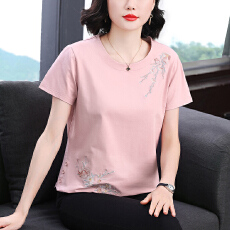 批发2026年夏季大码<b class='q'>妈妈装</b>新款短袖T恤女宽松刺绣雅致上衣休闲气质