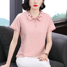 批发夏季新款<b class='q'>妈妈装</b>短袖女T恤时尚翻领刺绣设计宽松显瘦拼接上衣女装