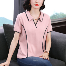2026夏季新款妈妈装短袖女T恤撞色减龄翻领休闲显瘦拼接上衣女装