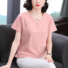 批发<b class='q'>妈妈</b>装2026夏季新款短袖女T恤绣花新中式设计宽松显瘦拼接上衣女