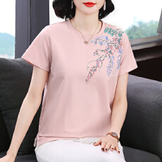 批发夏季印花刺绣T恤新款<b class='q'>妈妈装</b>短袖女高级感小众设计宽松显瘦上衣女