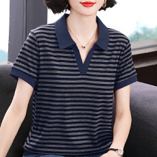 批发2026年新款条纹翻领T恤女夏宽松大码女装时尚气质显瘦<b class='q'>妈妈</b>装小衫