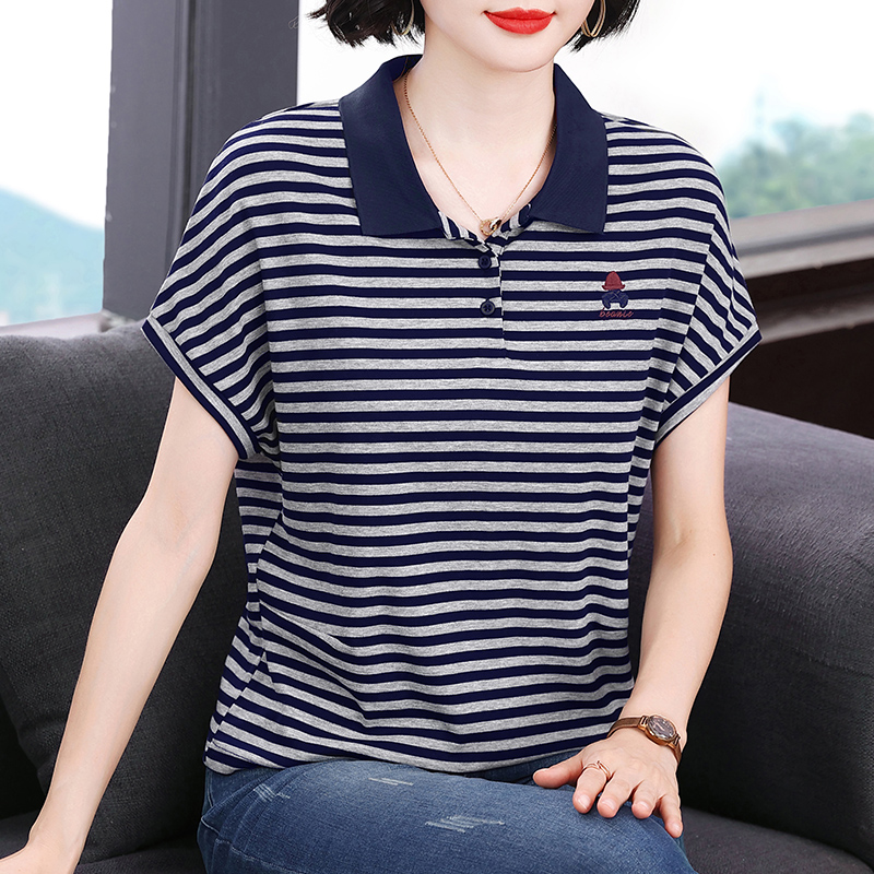 패션 연령 감소 배색 스트라이프 polo 작은 셔츠 만화 자수 반팔 여성 여름 새로운 빅 사이즈 여성 의류 캐주얼