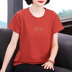 批发女士圆领短袖T恤宽松遮肚2026年新款夏季宽松<b class='q'>妈妈</b>装字母刺绣上衣