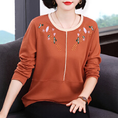 批发2026秋季圆领撞色刺绣新款<b class='q'>大码</b>长袖<b class='q'>女装</b>时尚气质宽松遮肚上衣