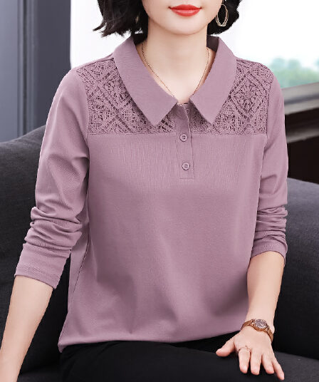 2026 가을 새로운 향기로운 芋 보라색 디스플레이 화이트 자수 폴로 칼라 긴 소매 셔츠 루즈핏 캐주얼 있음 신축성 패션 품격 맨위