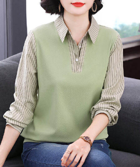 폴로 칼라 페이크 레이어드 긴 소매 셔츠 2026 년 루즈핏 빅 사이즈 여성 의류 배색 패치워크 패션 어머니 드레스 외출용 인사이드 가져 가라.