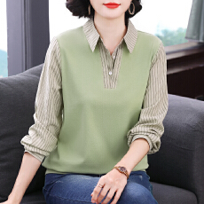 批发翻领假两件长袖衫2026年宽松大码女装撞色拼接<b class='q'>时尚</b><b class='q'>妈妈装</b>外穿内搭