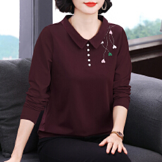 批发酒红色翻领长袖衫精美烫钻上衣时尚气质宽松大码女装2026<b class='q'>妈妈装</b>