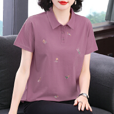 批发<b class='q'>妈妈装</b>2026新款紫色翻领短袖女士绣花设计宽松减龄显瘦拼接上衣