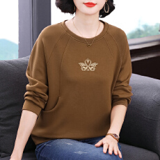 批发2026新款咖啡色套头卫衣圆领刺绣长袖衫时尚百搭宽松大码<b class='q'>妈妈装</b>