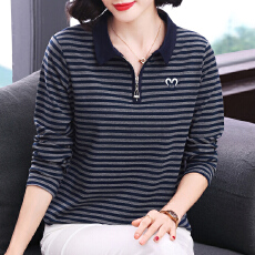 批发<b class='q'>妈妈装</b>2026秋季新款长袖女T恤条纹撞色设计宽松显瘦拼接上衣女