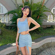 批发2023新款时尚性感纯欲风露背天蓝色分体绑带比基尼少女泳装