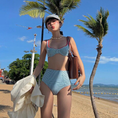 批发复古条纹撞色高腰遮肚分体钢托聚拢比基尼泳衣女性感bikini泡温泉