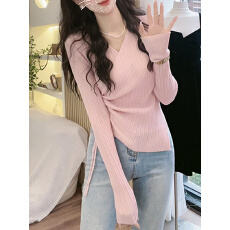 批发早秋季粉色V领<b class='q'>针织衫</b>女2025新款女装季修身<b class='q'>不规则</b>长袖上衣打底衫