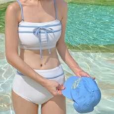 批发女游泳衣肚兜分体黑色小胸撞色红比基尼温泉泳装韩版露背系绳