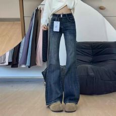 批发蓝灰色美式微喇牛仔裤女2026流行春秋新款高腰弹力显瘦不贴腿<b class='q'>裤子</b>