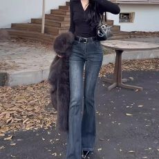 批发美式蓝色微喇牛仔裤女2026春季新款修身显瘦气质小个子弹力拖地裤