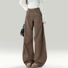 批发美式复古弧形设计水洗弯刀牛仔裤女春季休闲宽松垂感直筒阔腿<b class='q'>裤子</b>