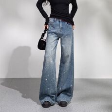 批发美式复古烫钻直筒牛仔裤女2026春秋新款宽松百搭显瘦阔腿长<b class='q'>裤子</b>