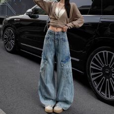 批发美式复古工装牛仔裤女新款设计感高腰分割多口袋宽松直筒阔腿<b class='q'>裤子</b>