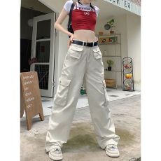 批发美式高街阔腿<b class='q'>牛仔裤</b>女春季高腰显瘦甜酷辣妹多口袋百搭直筒裤子