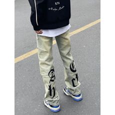 批发美式高街印花黄泥染牛仔<b class='q'>裤</b>女vibe风直筒复古宽松水洗做旧<b class='q'>显瘦</b>长<b class='q'>裤</b>