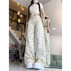 批发多巴胺小熊印花阔腿宽松牛仔<b class='q'>裤</b>女夏季高腰<b class='q'>显瘦</b>垂感直筒拖地<b class='q'>裤</b>