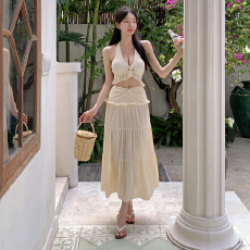 批发度假风纽结挂脖绑带上衣V型半身长裙两件套2026夏季新款辣妹套装