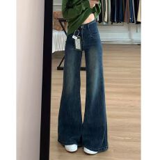 批发美式复古微喇<b class='q'>牛仔裤</b><b class='q'>女</b>秋冬新款弹力遮肉显瘦拖地直筒阔腿<b class='q'>裤</b>