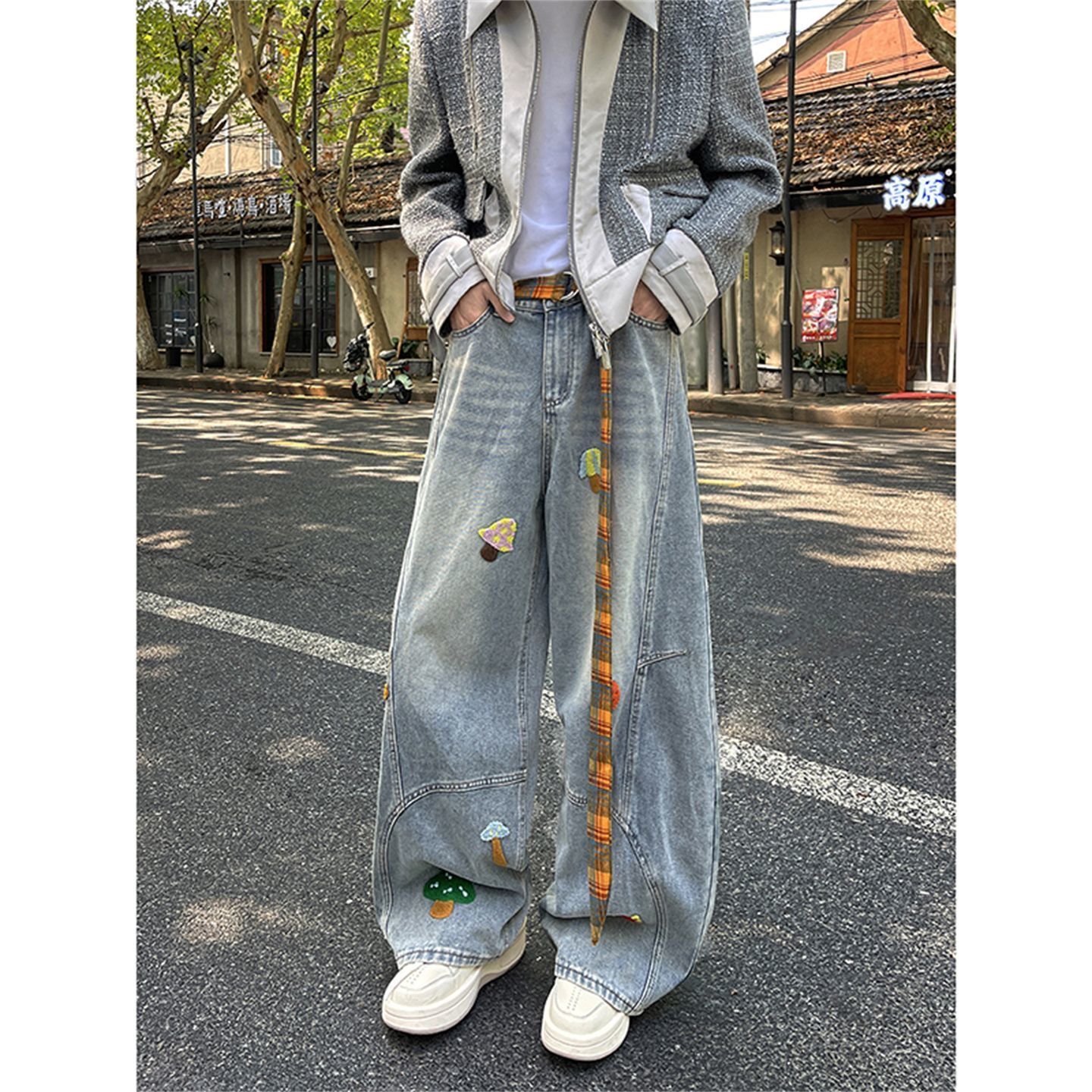 바지 남녀 같은 단락 ins 트렌디 만화 수건 자수 청바지 루즈핏 스트레이트 모통이 칼 넓은 다리 높음 거리 아메리칸