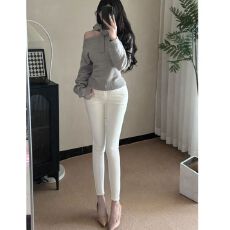 批发白色弹力牛仔裤女法式纯欲修身紧身小脚裤靴裤显瘦九分裤<b class='q'>铅笔裤</b>子