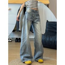 批发美式弯刀竹节纹阔腿<b class='q'>牛仔裤</b>女秋季新款<b class='q'>浅色</b>高腰显瘦直筒拖地裤