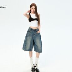 批发牛仔五分裤男女2026夏季新款美式复古休闲松弛感阔腿中裤